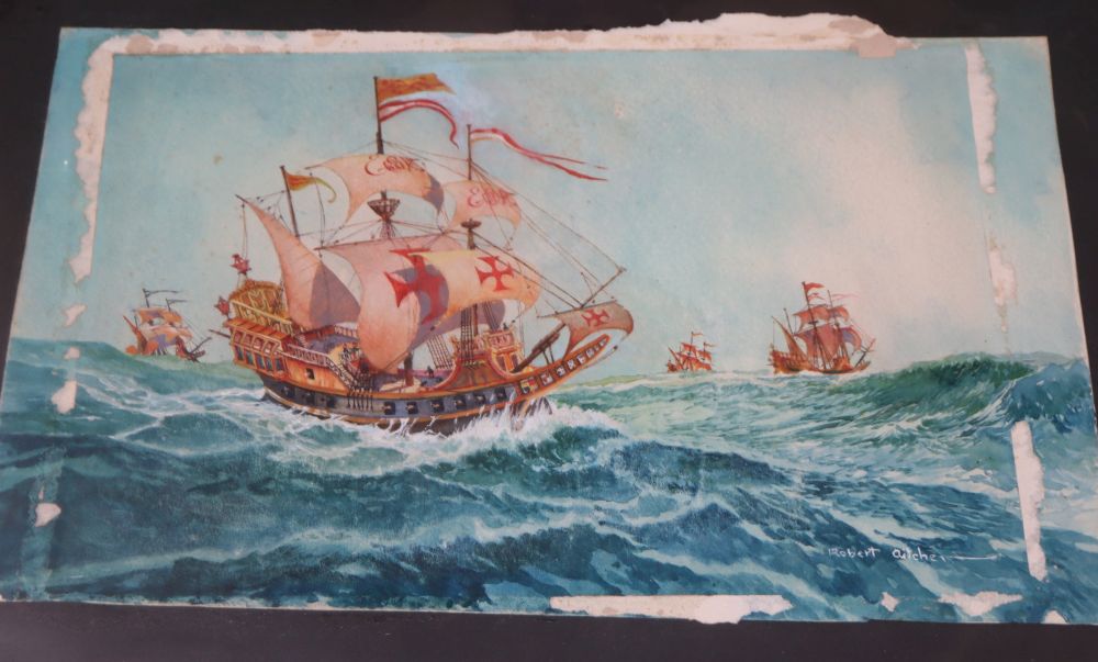 Robert Aitchen (20th century), two watercolours of Elizabethan galleons at sea, 53cm x 38cm (largest)